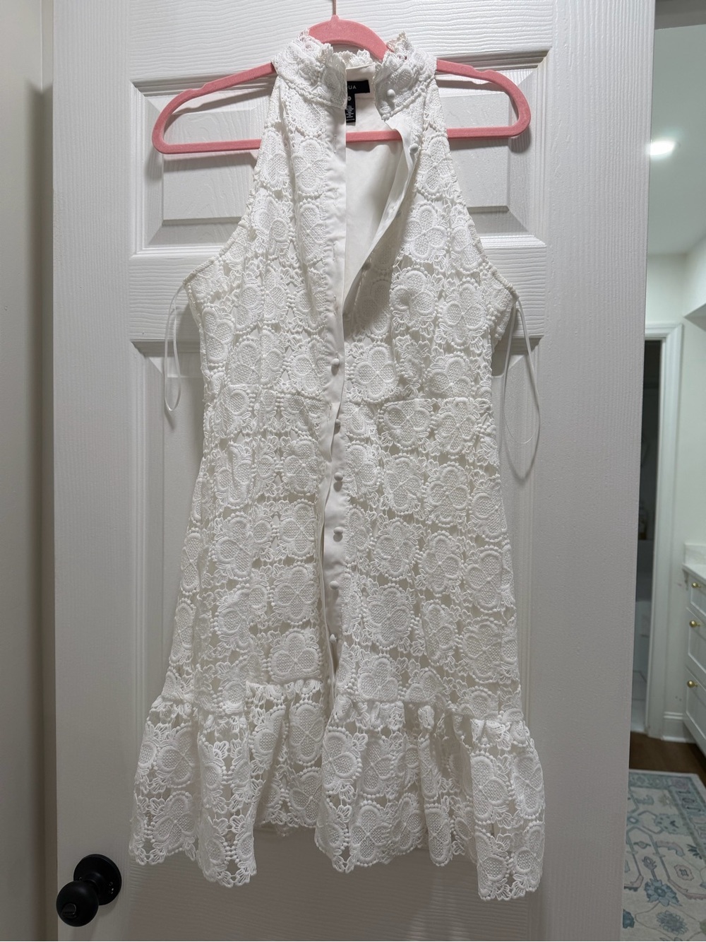 Aqua White Lace Ruffle Halter Dress